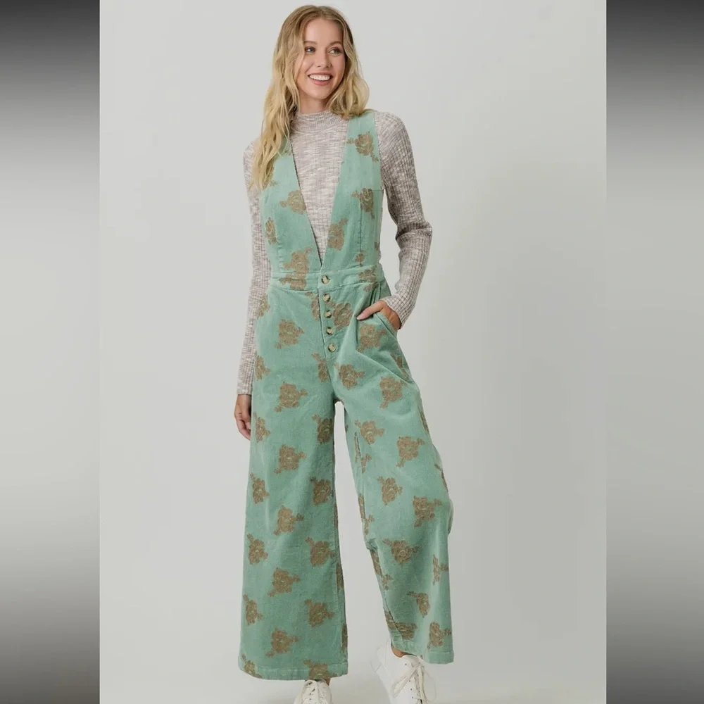 Seaforam green Christmas holiday embroidered flare wide leg jumpsuit overalls - Picture 9 of 9
